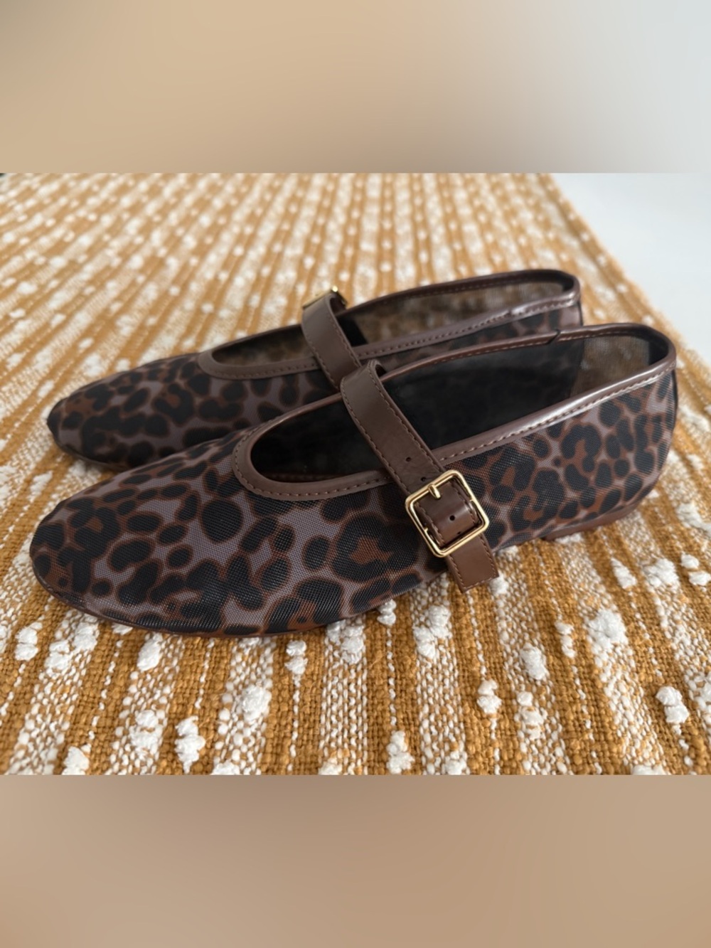 Camila Coelho Brown Leopard Print Mary Jane Flats with Gold Buckle